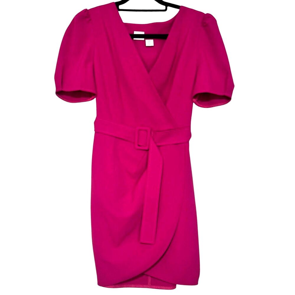 C&C California Magenta Puff Sleeve Faux Wrap Mini Date Night Vacation Dress Med